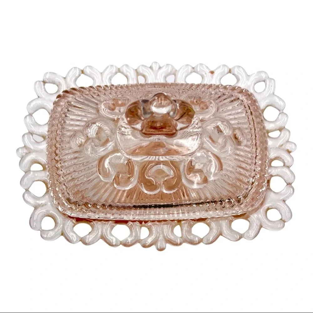 VINTAGE pink glass butter - sauce - grated cheese - container